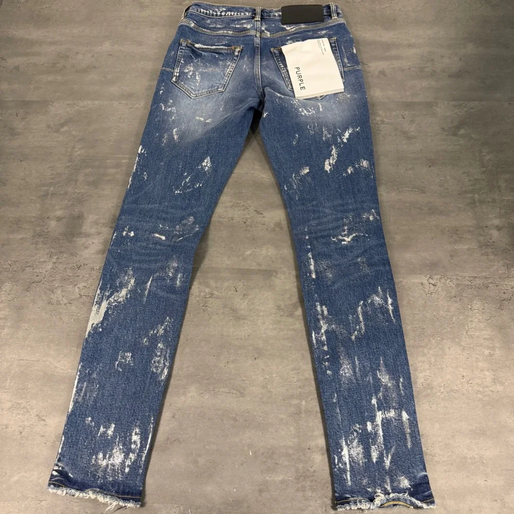 Purple Brand P001 Skinny Jeans Mens 28 Blue Metallic Paint Splatter Distressed